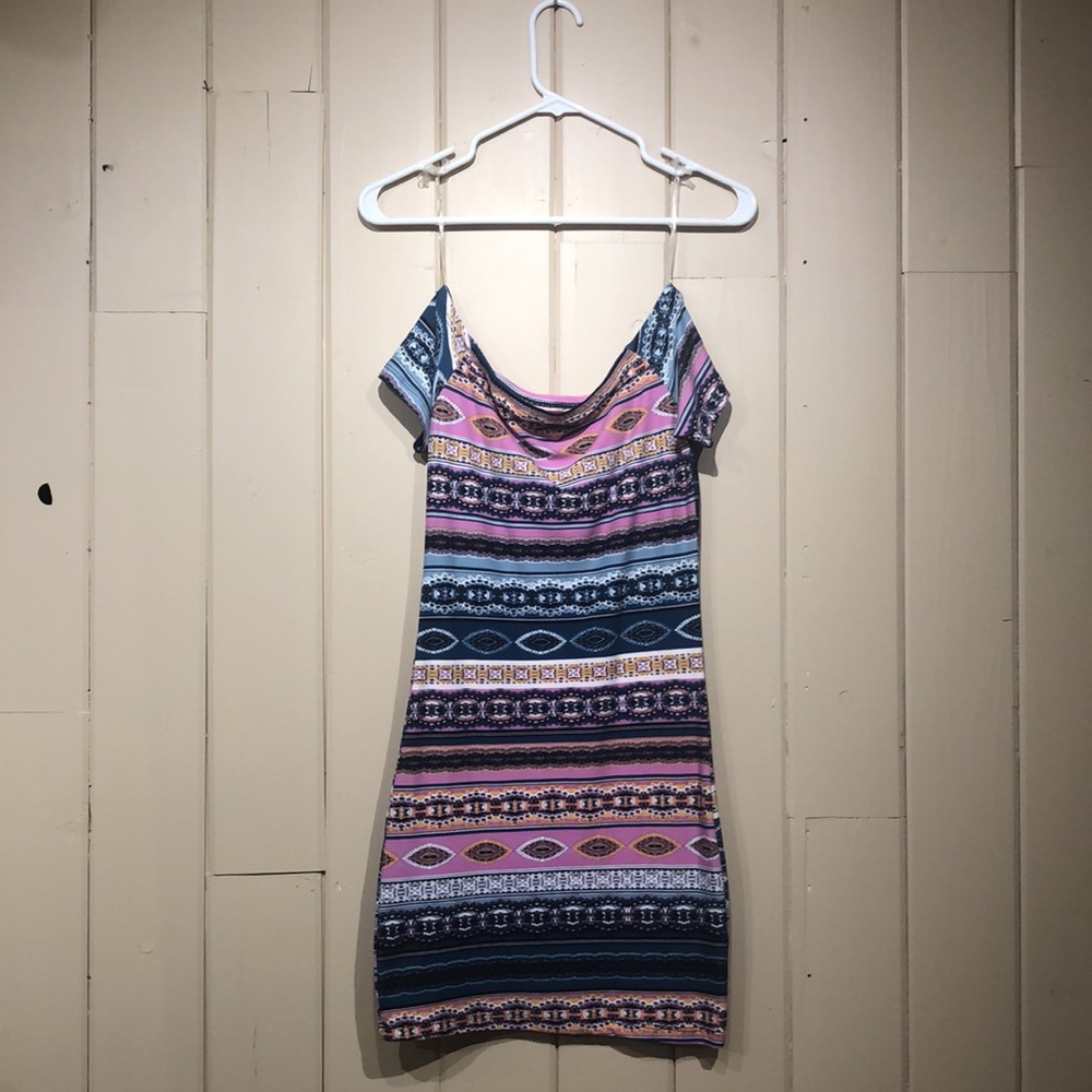 L colorful stripe pattern off shoulder mini dress hot kiss navy purple teal gold